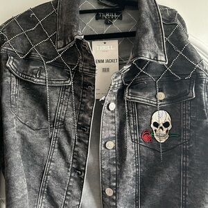 Thrill Black Washed Denim Jacket with Skull & Rose Patch